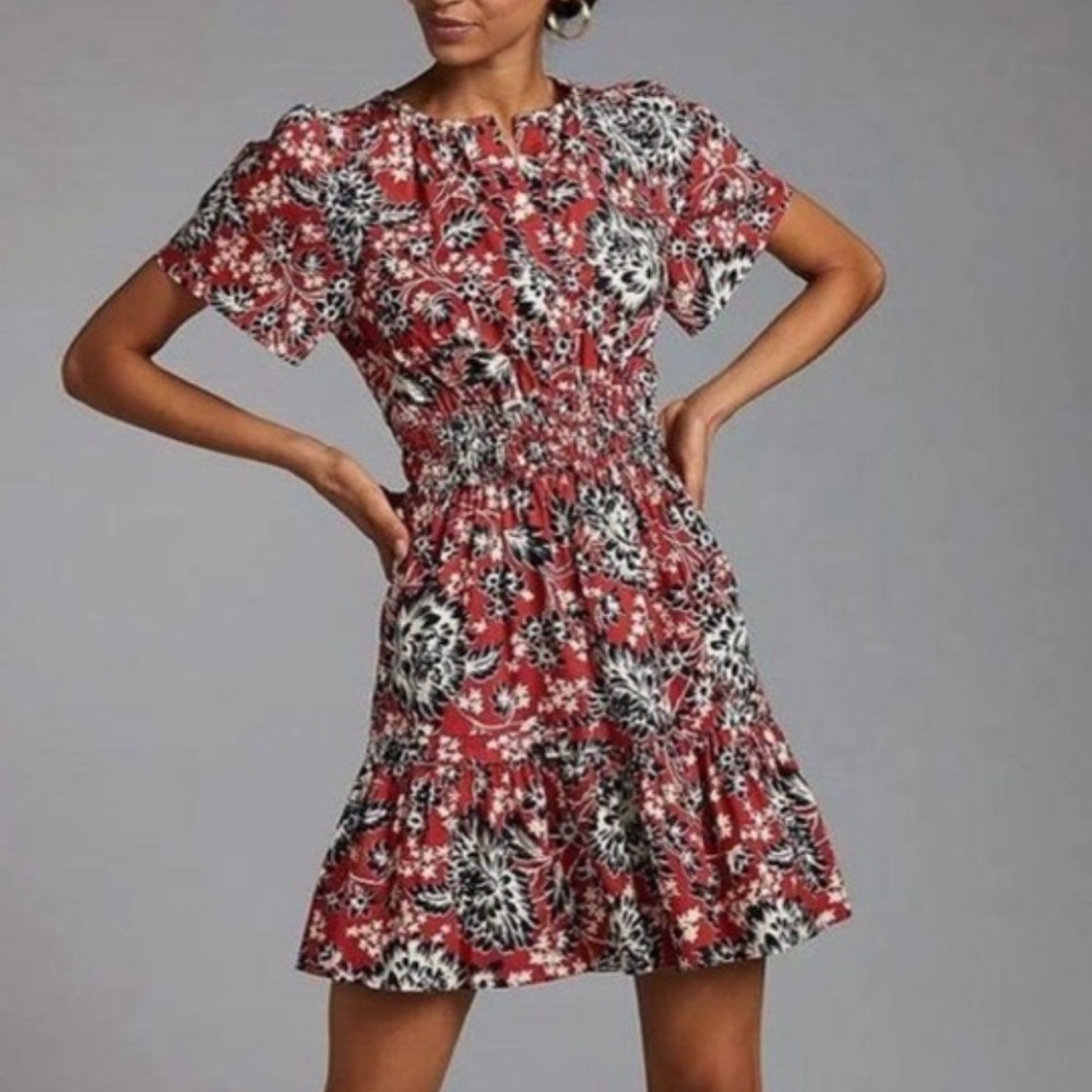 Anthropologie Red and Black Floral Mini Dress